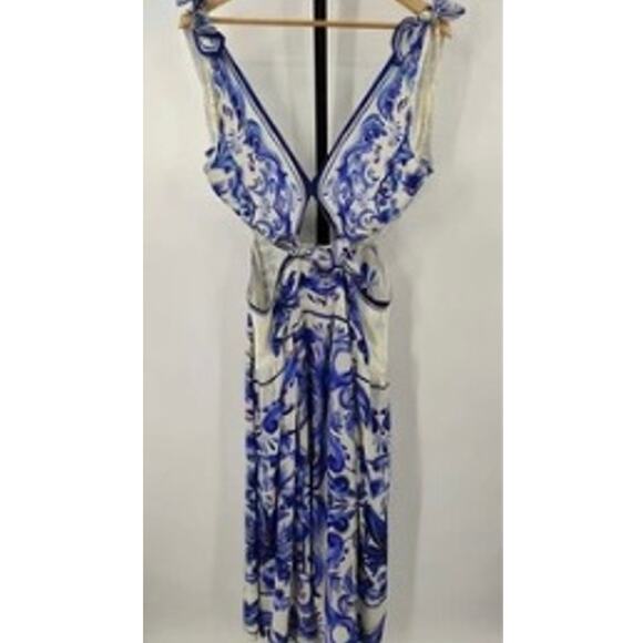 New! Farm Rio Women's Garden Tiles Cutout Blue and White Maxi Dress Size XL #37 - Picture 6 of 6